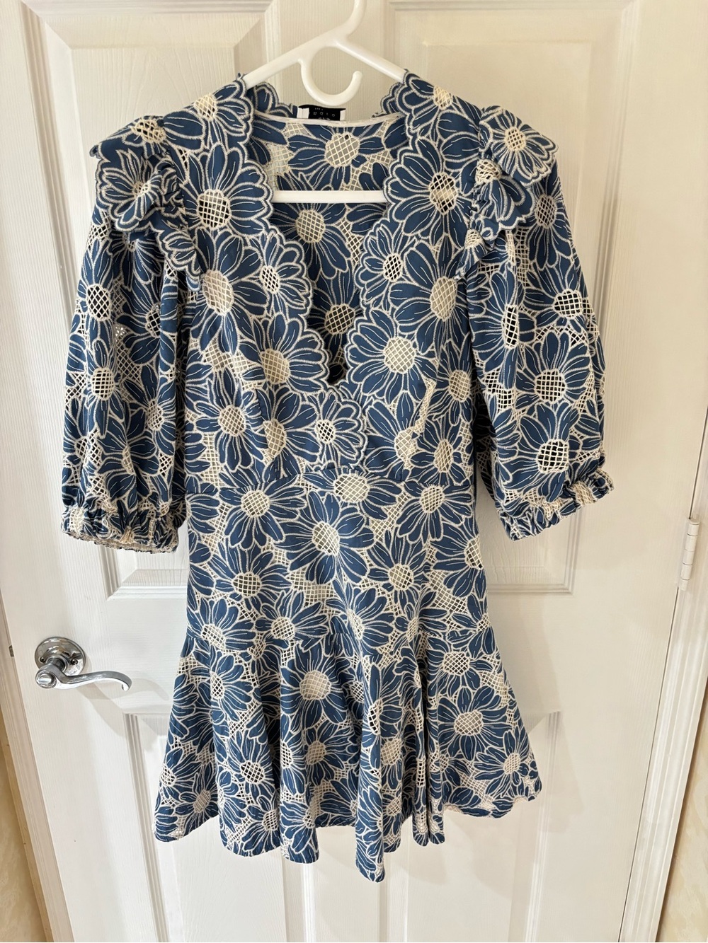 Sandro Blue and Cream Floral Lace-Trim Dress